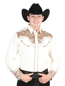 El General Men's Traditional Embroidered Western Charro Shirt - Beige/Dark Camel 44336