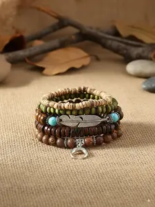 5-Piece Boho Style Layered Bracelet Set, Simple Fashion Wooden Bead Bracelets, Feather Design Jewelry Gift for Girlfriend Boyfriend Holiday Christmas, Beaded Bracelets, Fashionable Jewelry