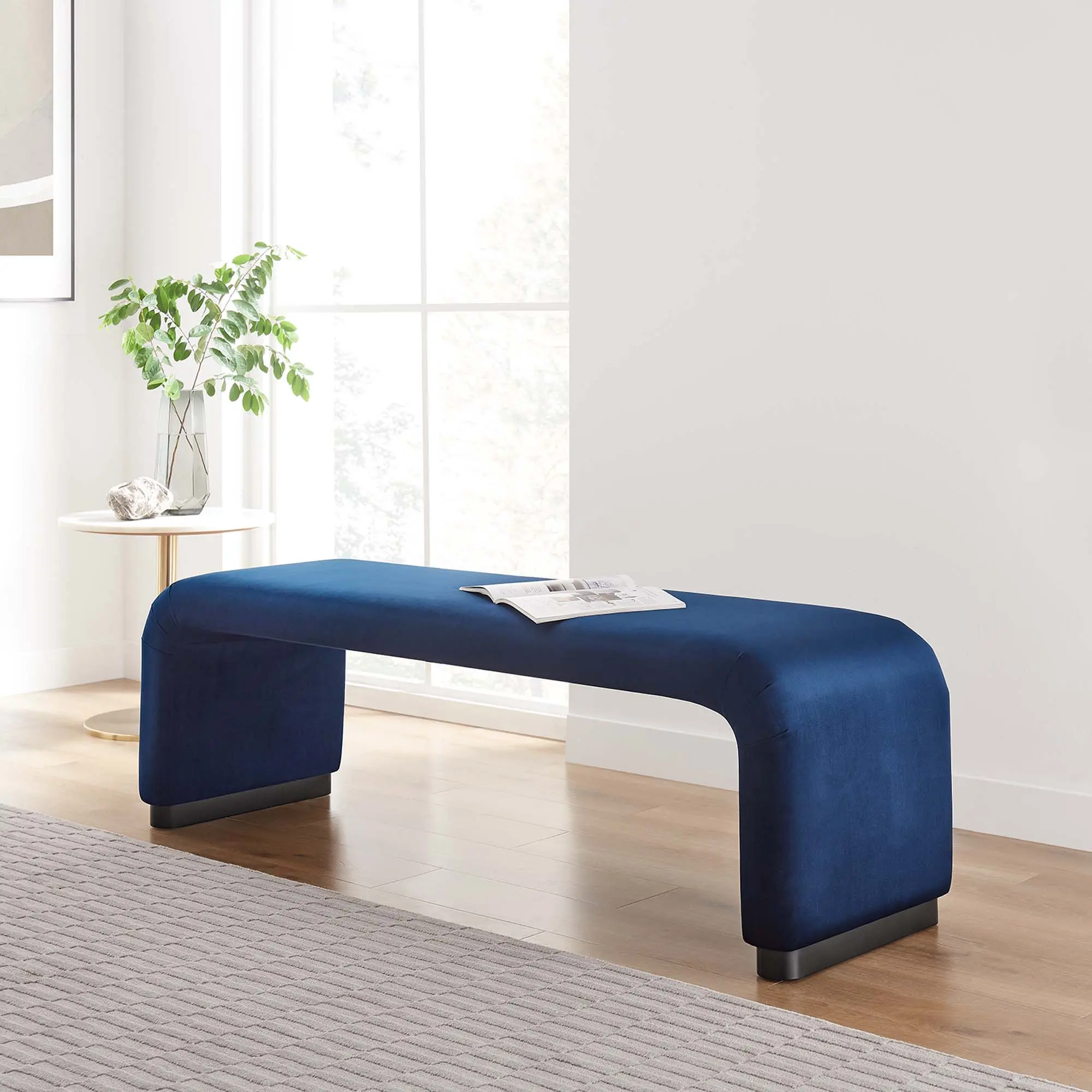 Modway Koda Contemporary Performance Velvet Waterfall Long Bench - Black-Midnight Blue, Entryway Furniture, Wood-Metal Accents, Plywood Frame, Assembly Required