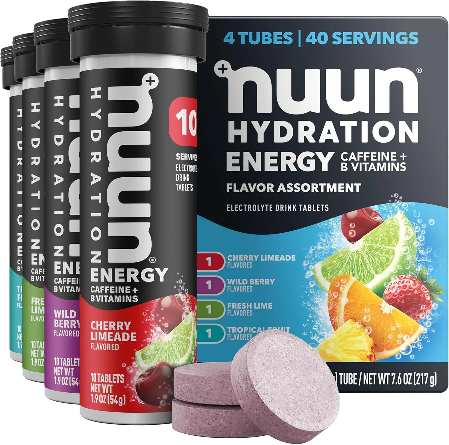 Nuun Energy Caffeine + B Vitamins, Electrolyte Hydration Tablets with Caffeine from Green Tea Extract, Magnesium & 4 Other Electrolytes, Gluten Free, Vegan, Mixed Flavors, 4 Pack (40 Servings Total)