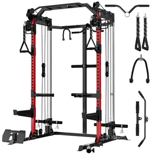 Power Cage, 2000LB Squat Rack with Dual Pulley Cable Crossover System, Multifunction Free Weight Home Gym Workout Machine with Attachments