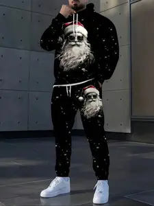 Men & Women Santa Claus Printed Set, 3D Casual Hoodie and Pants, Long Sleeve Fitted Sportswear, Fall Winter Fashion