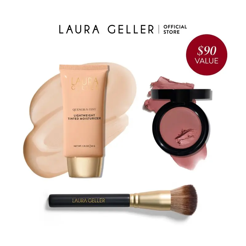 Laura Geller Fresh & Hydrated Face Essentials 3 PC Set Quench-n-Tint Hydrating Tinted Moisturizer Wonder Balm The Wonder Brush