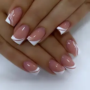 French Line Press-On Nails Set, 24 Short Oval Fake Nails, Matte Finish, UV-Free, Easy to Apply, Perfect for Parties