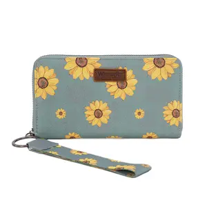 Wrangler Sunflower Print PU Leather Wallet for Women with Zipper Closure 3 Compartments 9 Card Slots RFID Protection & Removable Strap