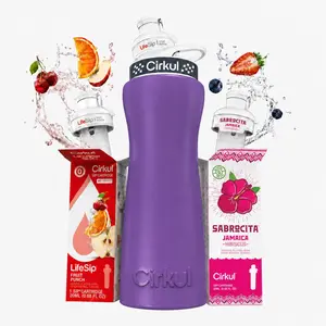 Cirkul 42oz Matte Purple Stainless Steel Water Bottle Starter Kit, Black Lid, 2 Flavor Cartridges, Sugar Free Zero Calorie Drink Mix