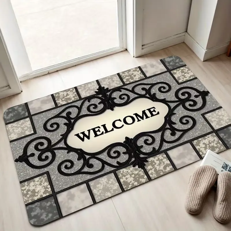 Vintage Scroll Tile Welcome Flannel Doormat 3 Sizes 16×24in/20×31in/24×36in, Non Slip Absorbent Indoor Entry Rug, Classic Farmhouse Front Door Floor Mat