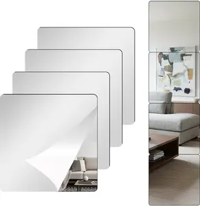 4Pcs Acrylic Mirror Tiles, 6 Inch Self-Adhesive Shatterproof Panels for Wall Decor, Wall Mounted Mirror Glass Frameless Mirror Sheets for Home Bedroom Bathroom Door(Small)