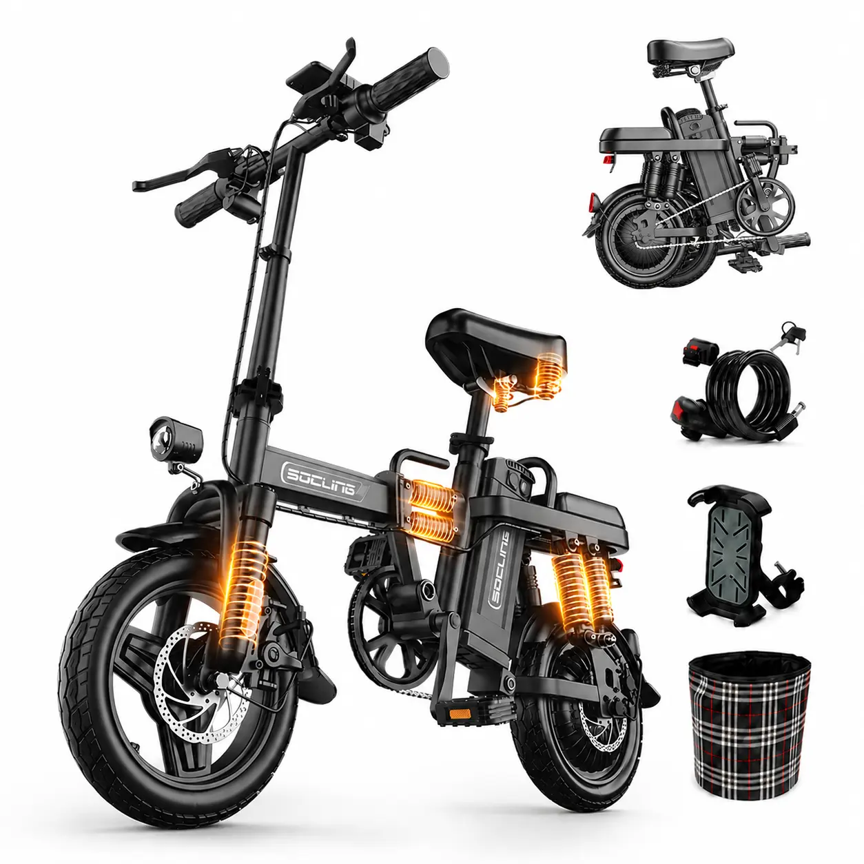 2026 Folding Electric Bike for Adults, 20MPH Top Speed, 30+ Miles Range,1000W Peak Motor,14" Compact Ebike, Removable 48V Battery, Multi Shock Absorber, 330LBS Load, UL 2849 Certified, Full Accessories: Basket, Phone Mount, Lock, Rear Backrest