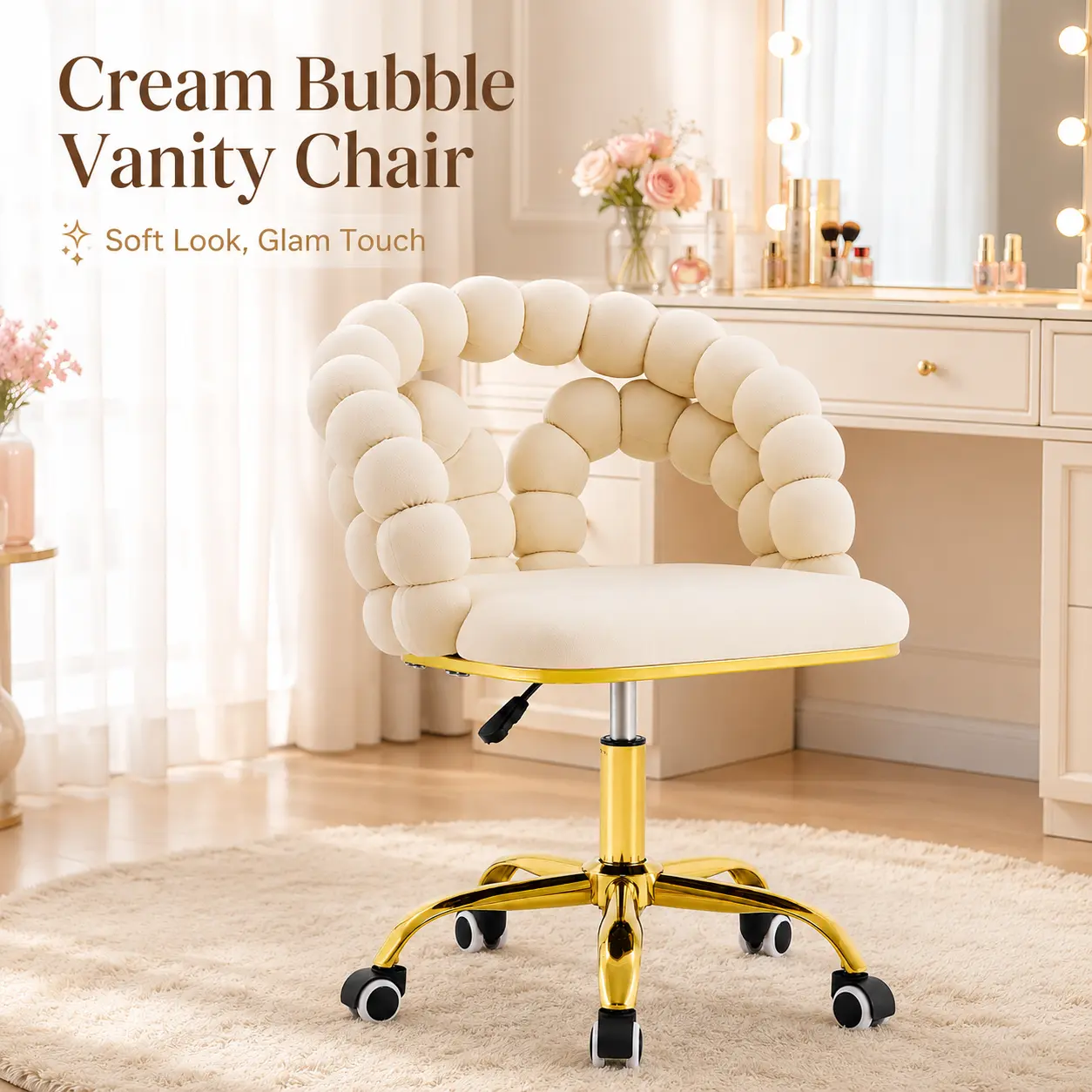Cream Bubble Vanity Chair with Wheels, Gold Swivel Desk Chair, Adjustable Height Upholstered Makeup Chair with Curved Backrest and Caster Base