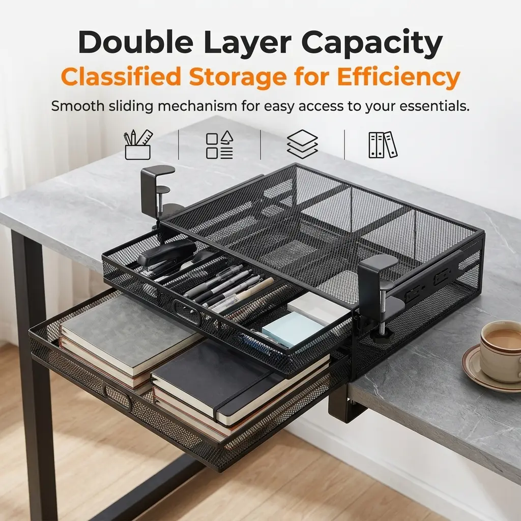Black Clamp-On Under Desk Mesh Grid Organizer - 2-Layer Steel Wire Hanging Basket with Sliding Drawer, No-Drill Open-Grid Design Prevents Dust, Adjustable Rotating Screw Knobs, Double Layer Capacity for Gamers, Office Files, Easy Cleaning