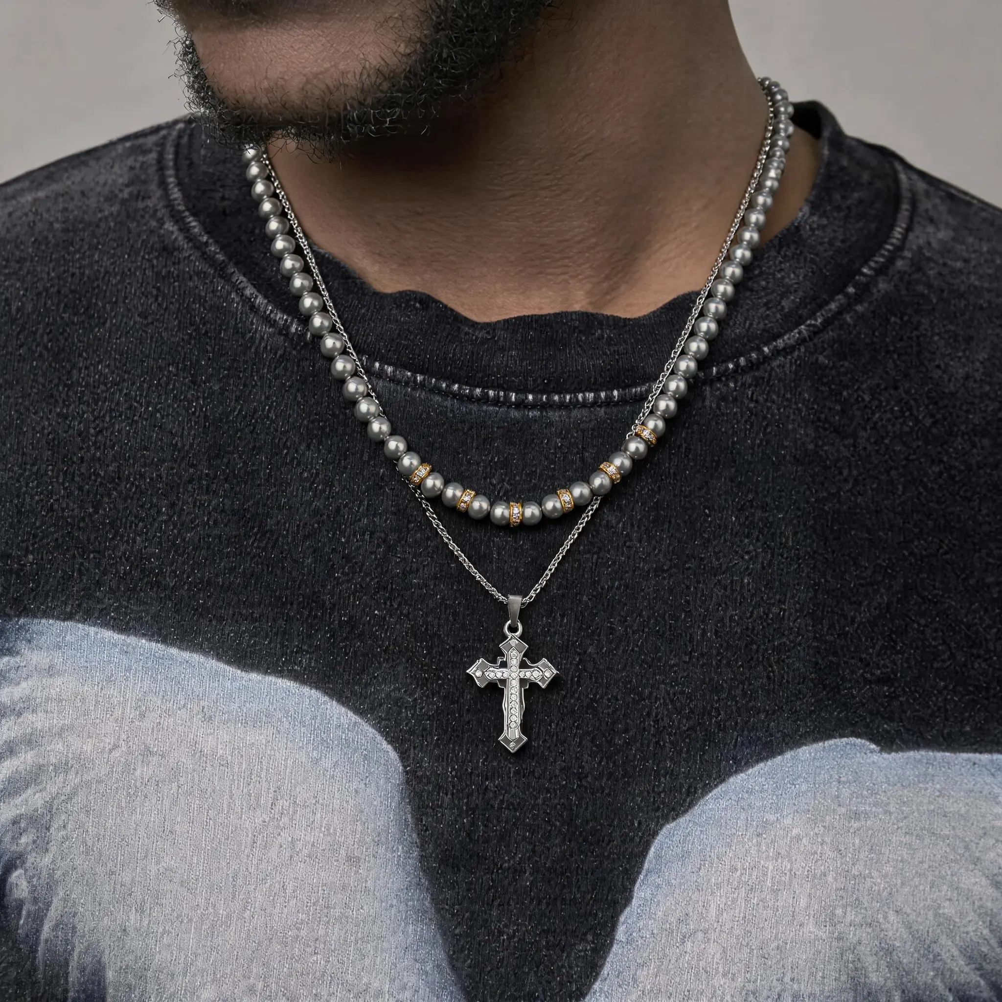 Men's Gray Volcanic Rock Beaded Cross Pendant Necklace, Solid Black Insert, Christian Cross Motif Daily Faith Reminder, Daily Wear Streetwear Accessory for Party or Work, Smooth Texture Unisex Fit, One-Piece #backtoschool