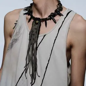 TOP Original Handmade Avant-Garde Visual Kei Dark Punk Multi-Functional Accessory Tie with Tribal Spike Details & Distressed Fabric for Alt Fashion