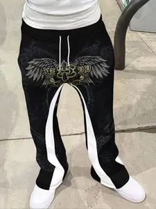 Gothic Wing Badge Flare Pants, Deep Color Elegant Casual Trousers, Geometric Pattern, Fitted Style, All Seasons Wear
