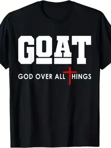 GOAT Graphic Tee - Black Crew Neck with White Lettering And Red Cross Design | <God Is All-Powerful> Statement Edition | an Ideal of Casual Wear And Spiritual Motivation | A Distinctive Gift Option for Those Who Love for Faith And Sports
