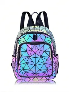 Holographic geometric pattern women's backpack fashion grid reflective backpack casual backpack large backpack women's travel backpack school backpacks school supplies