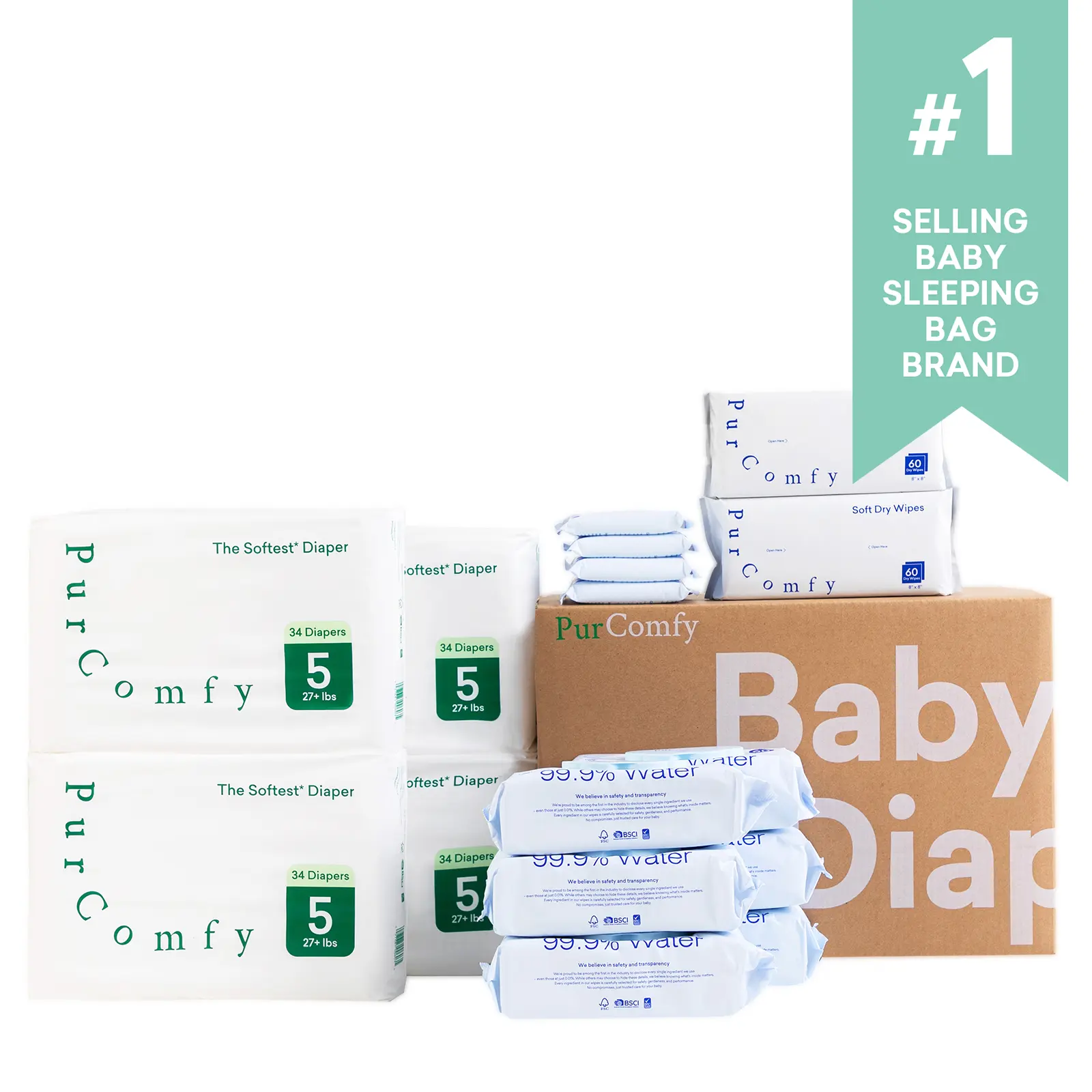 PurComfy Baby Essential Kit - 4 Diaper Packs + 10 Travel Wipe Packs 360Ct + 2 Dry Wipe Packs 120Ct Hypoallergenic Plant-Based Materials Best Baby Shower Gift