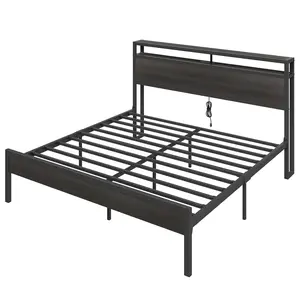 [MothersDayGift] #Summervibes AMERLIFE Bed Frame with Storage Headboard & Charging Station, Industrial Metal Platform Bed with Large Under-Bed Storage, Heavy Duty Slats, No Box Spring Needed