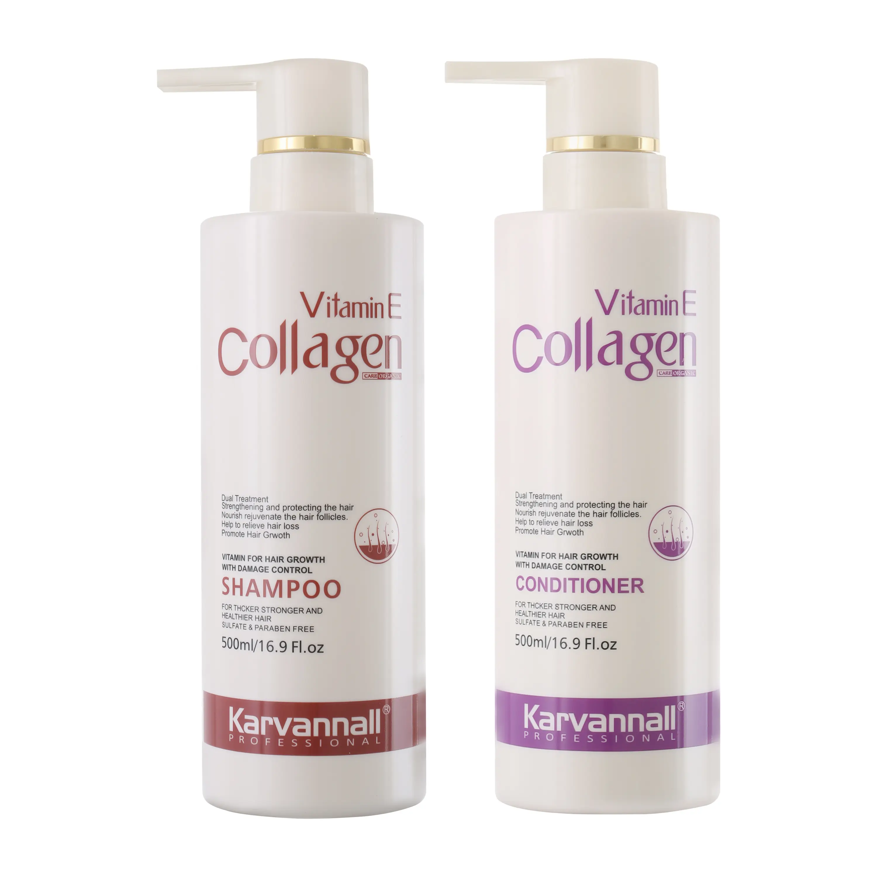 Karvannall PROFESSIONAL Vitamin E Collagen Shampoo & Conditioner 500ml | HAIR GROWTH TREATMENT, DAMAGE CONTROL, REPAIR DRY HAIR, STOP HAIR LOSS & DANDRUFF