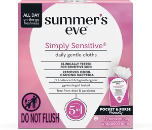 Summer's Eve Simply Sensitive Daily Feminine Cleanser Wipe, pH-Balanced Micellar Water Formula, Gentle Moisture, 12 Individually Wrapped Single Items, Hypoallergenic Floral Fragrance, 5-in-1 Cleansing Functionality, Single Item