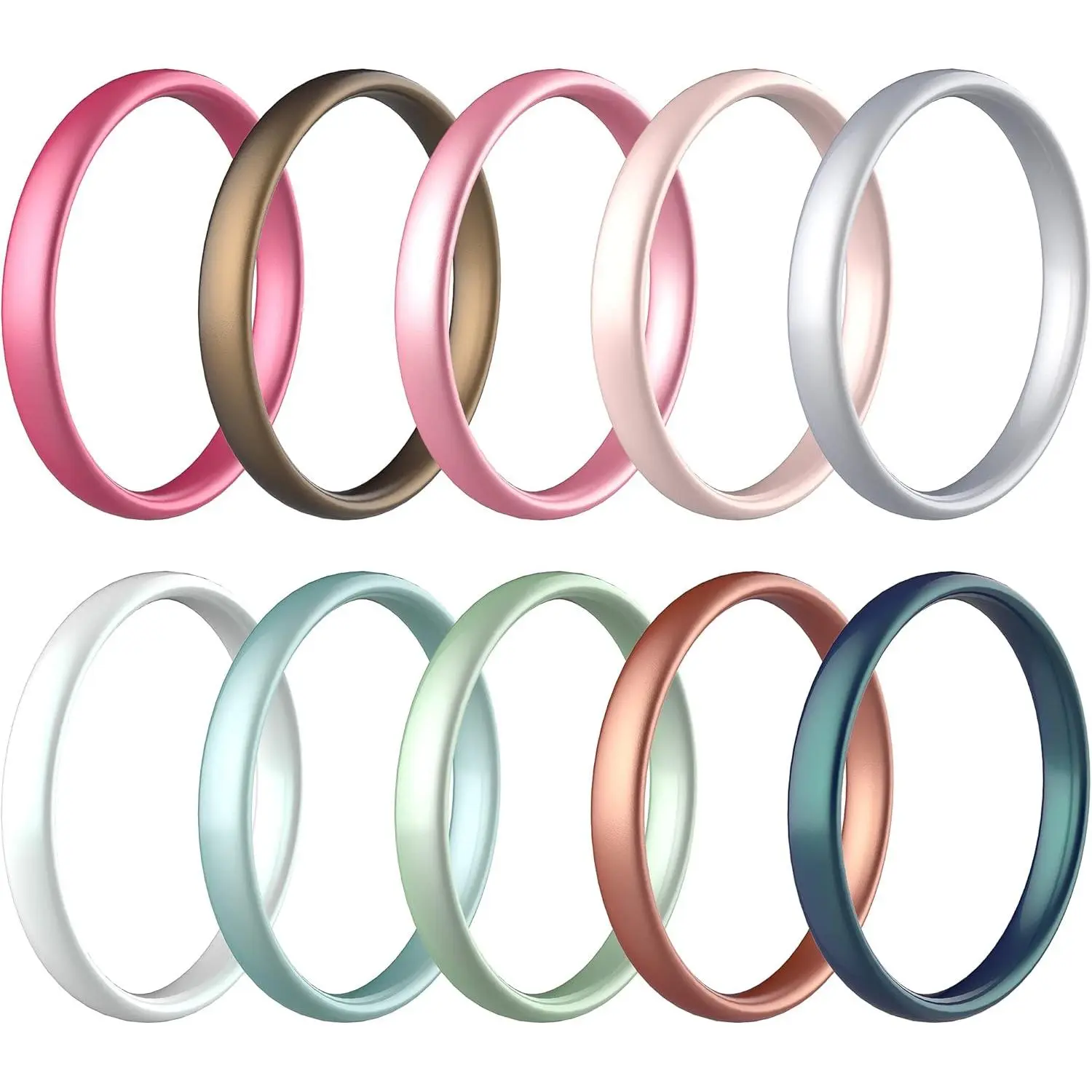Women's 10-Pack Metallic Silicone Rings - 3mm Thin Stackable Hypoallergenic Bands, Lightweight & Flexible, for Gym Wear, 7 Sizes Available (Silver, Pearl White, Rose Gold) | Women's Fashion, Female Costume Jewelry