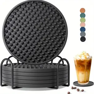Silicone Coffee Coaster with Holder, 6 Counts Round Heat Resistant Non-slip Cup Mat, Decorative Coaster for Home Kitchen Dining Room Set Tableware