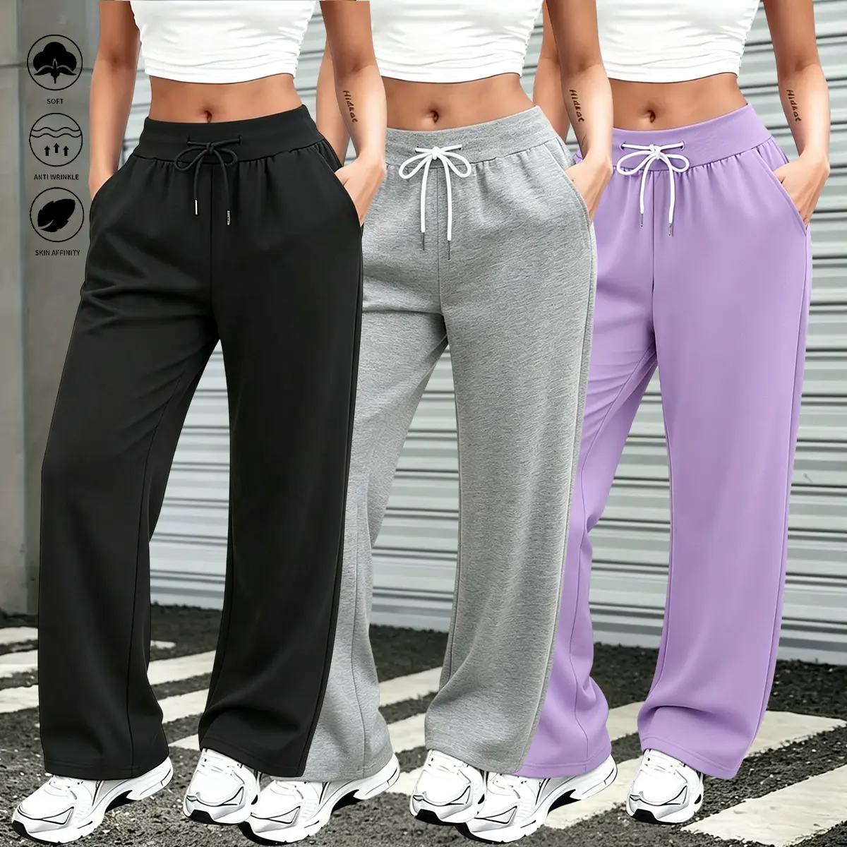 3-pack women’s wide-leg athletic casual pants with drawstring waist and pockets, suitable for everyday wear and fitness workouts; women’s long pants, women’s bottoms