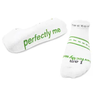 I am perfectly me™ white LITE-NOTES™ socks with light green words