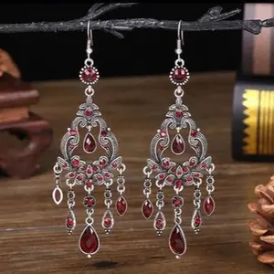 Gorgeous RED Bohemian Flower Tassel Chandelier Earrings   Makes a Wonderful Gift