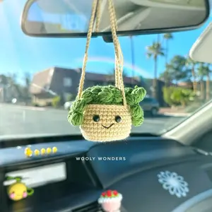 Crochet Succulent Car Charm, Cute Cactus Rear View Mirror Accessory, Plant Lover Gift, Aesthetic Decor, Handmade Car Accessories for Women