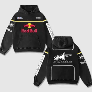 Retro Redbull x Mobil1 Alpinestars Racing Washed Hoodie MotoGP World Champion Enthusiast Apparel Streetwear Mobil 1 Helmet Racing Super Motorsports Clothing Riders Motocross Off-Road Dirt Bike Fan Gear Cotton For Moto Fan