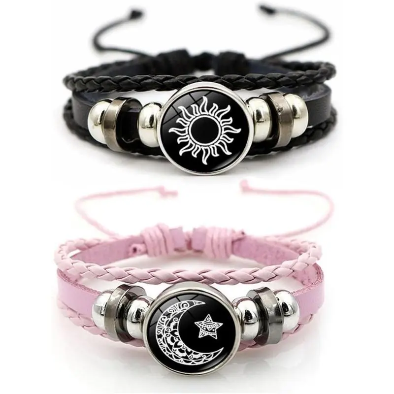 Glows in the Dark Couple Bracelet - Luminous Sun and Moon Braided Leather Jewelry, Adjustable His and Hers Unisex Accessory, Long-Distance Love Gift, Couple Jewelry