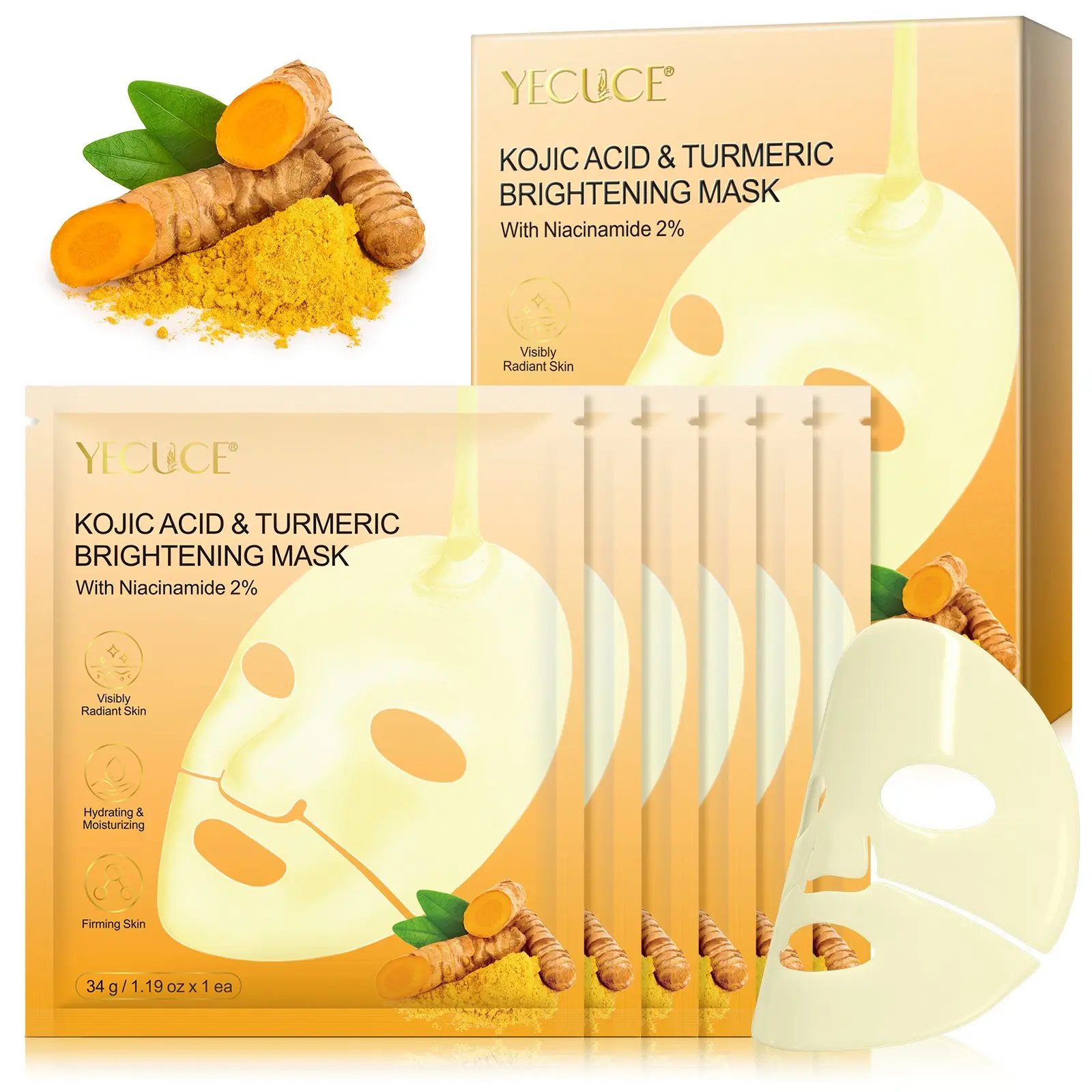 Yecuce Turmeric Collagen Mask 6p, Alpha Arbutin & Turmeric Brightening Mask, Lightweight Texture, Boosts Skin Radiance, Suitable for All Skin Types