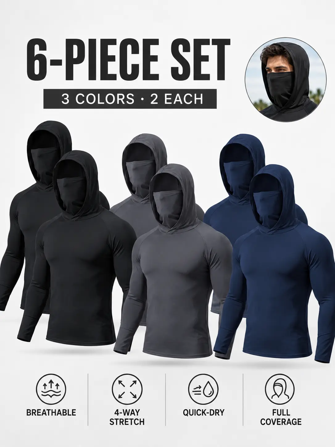 Men's 6-Pack Long-Sleeve Construction Workwear Pullover Shirts - Men's Clothing, Clothes, Sun-Protective Polyester Activewear Fabric, Built-In Mask, Minimalist, All-Season