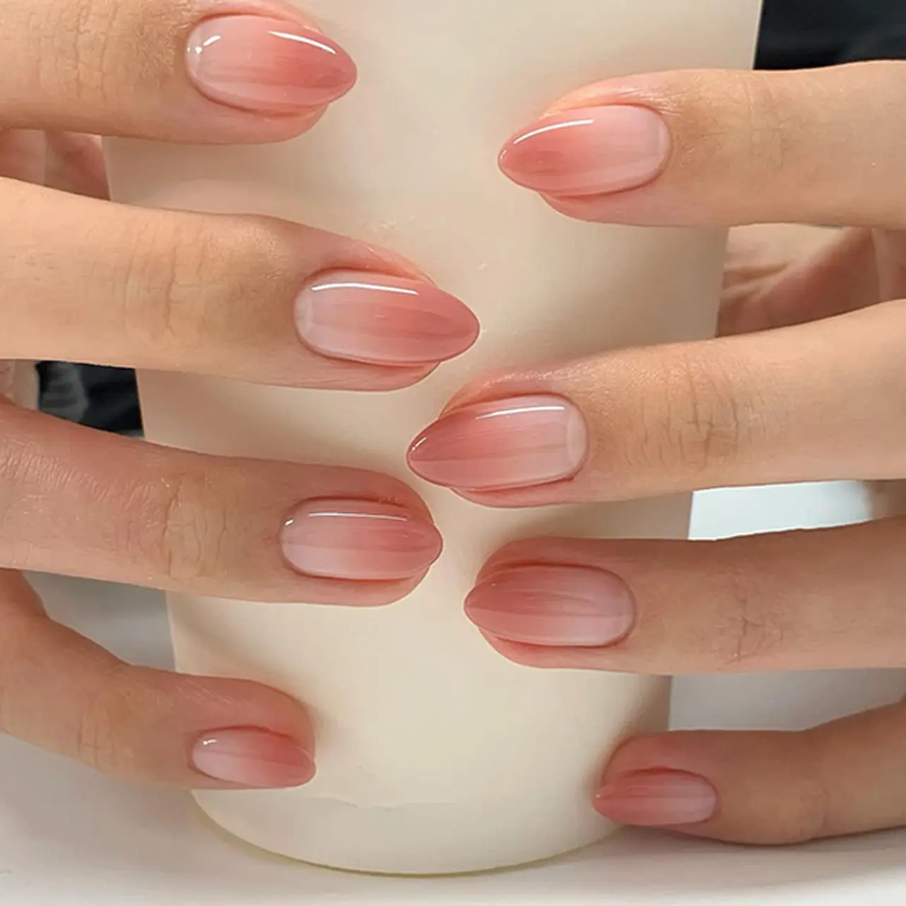 CurvLife Nailora medium almond ombre Gel Press On Nails  pink glossy shiny Nail Art 2 Week Wear