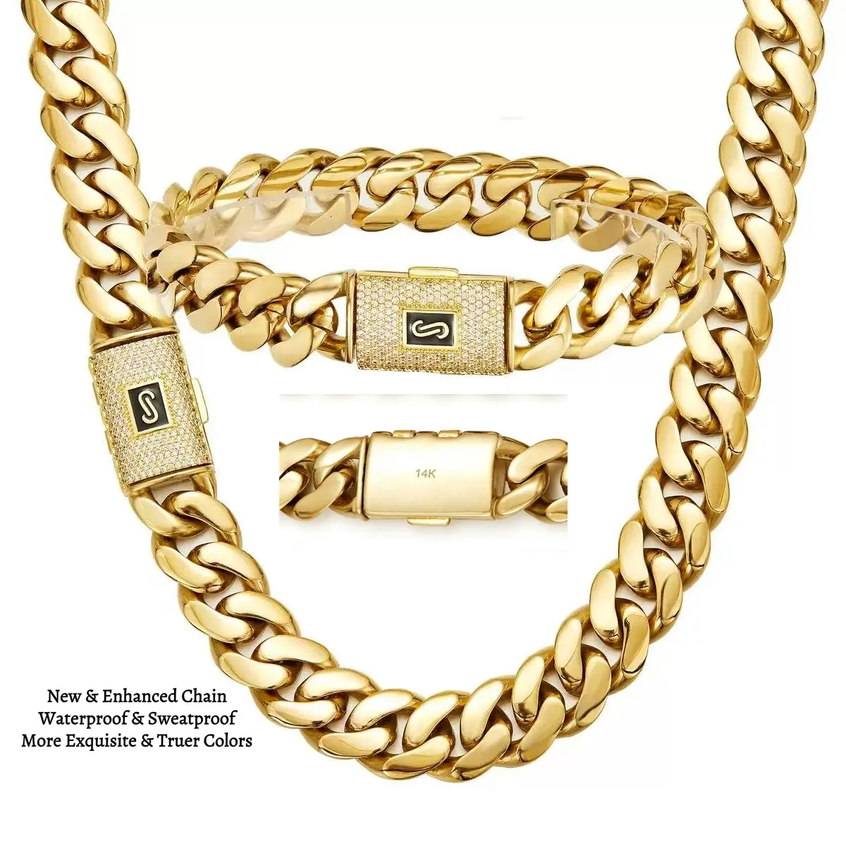 14K Gold-Plated Cuban Miami Style Necklace & Bracelet Combo Waterproof Rust-Proof Waterproof Rustproof Hypoallergenic New Electroplating Process the Perfect Valentine's Day Gift for Your Loved Ones Gift for Any Occasion Sets Electroplate Gold Jewelry Sets