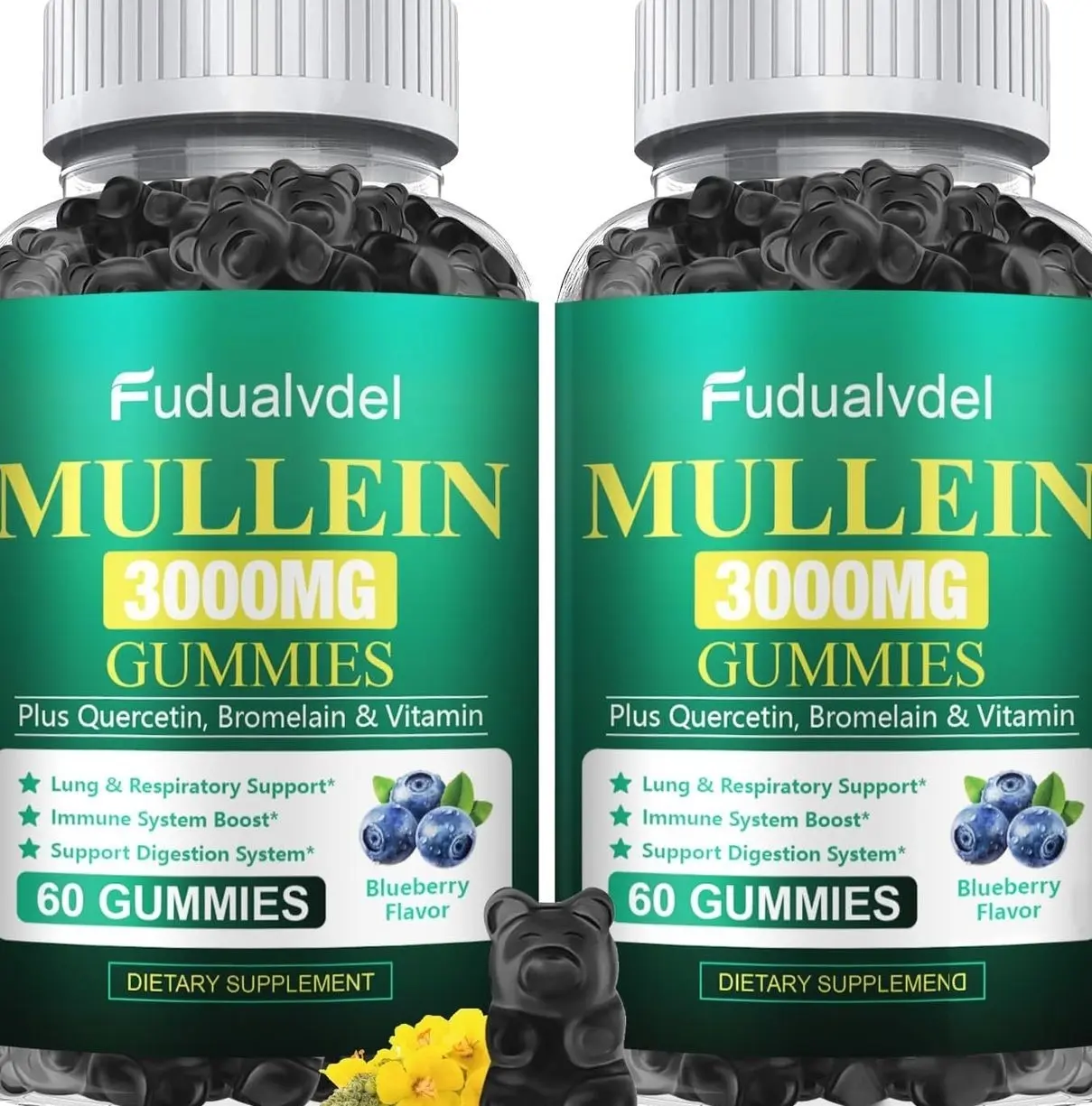3000mg Organic Mullein Gummies - Contains Mullein Leaf Extract, Supplement Breathing with Quercetin and Bromelain, Immune Support, 120 Cts