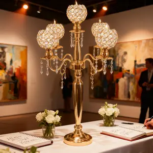 4 Pcs Gold 5-Arm Crystal Candelabra Centerpieces Freestanding Iron Acrylic for ≤1.97in Candles Home Hotel Restaurant Wedding Living Room Bedroom Decor