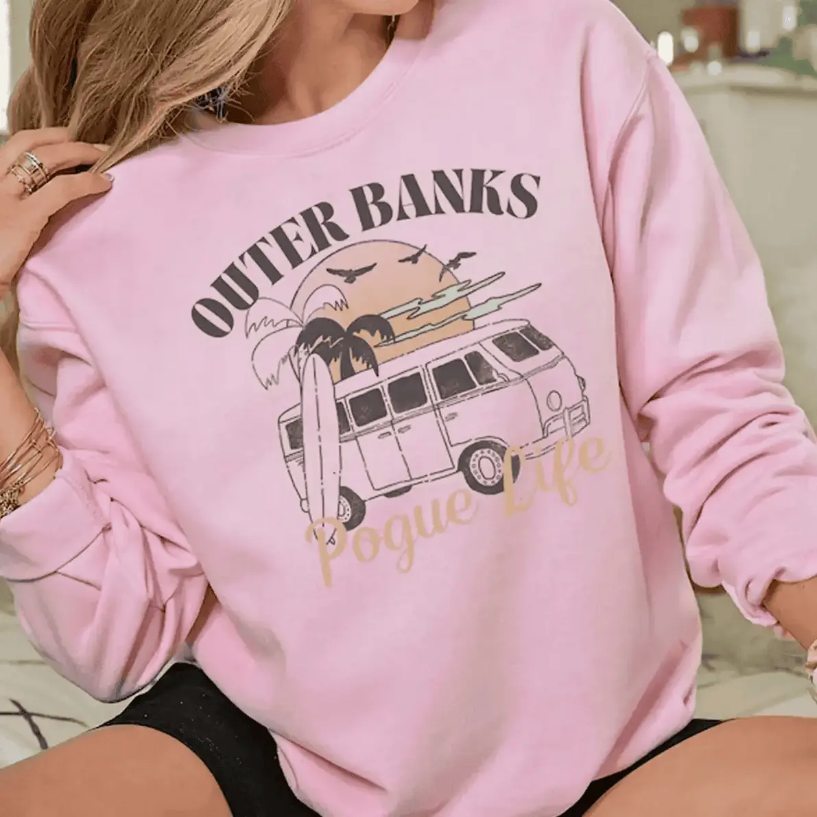 Women's Pogue Life Outer Banks Graphic Hoodie, Casual Long Sleeve Pullover Round Neck Cotton Classic Fabric Beach Top, Swag Women's Hoodies, Pre-Printed Women's Hoodies