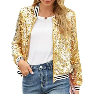 Women Sequin Jacket Long Sleeve Front Zipper Ribbed Blazer Bomber Jacket