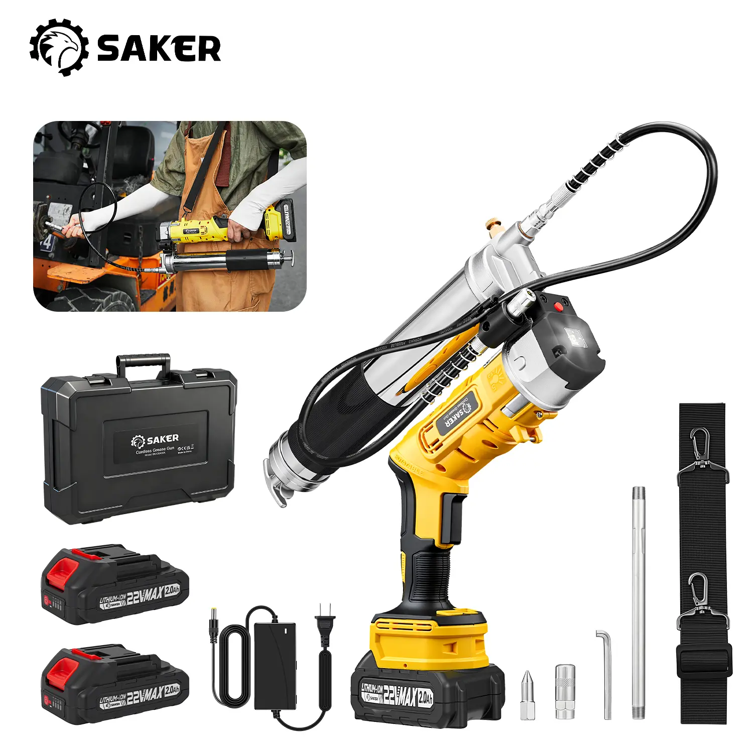 Saker Electric Grease Gun,5.3 oz/min Cordless Grease Gun Kit with 2 Batteries,2-in-1 Design Effortless for Farmers,Equipment Operators and Owners,10,000 PSI Battery Powered Greases Gun