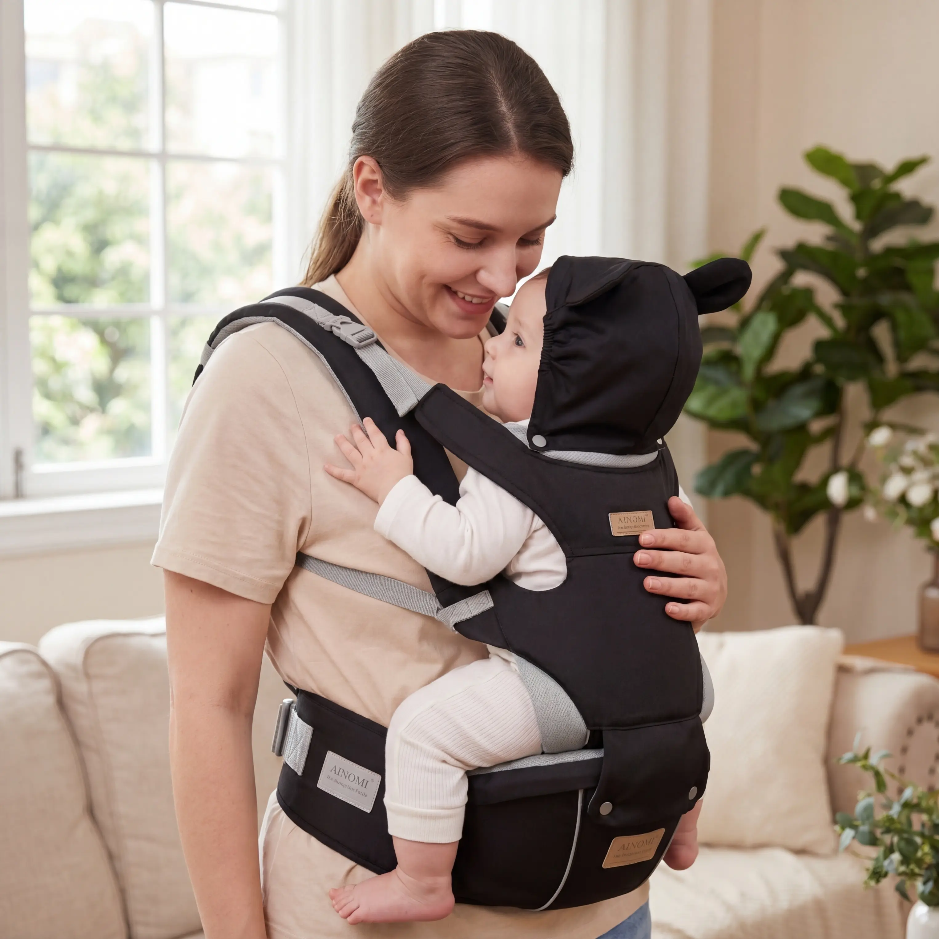 Multi-Functional Bear Hood Baby Waist Hip Seat Carrier, Ergonomic Breathable Soft Fabric Wrap Sling Backpack with Adjustable Carry Positions for 0-36 Months Newborns & Toddlers
