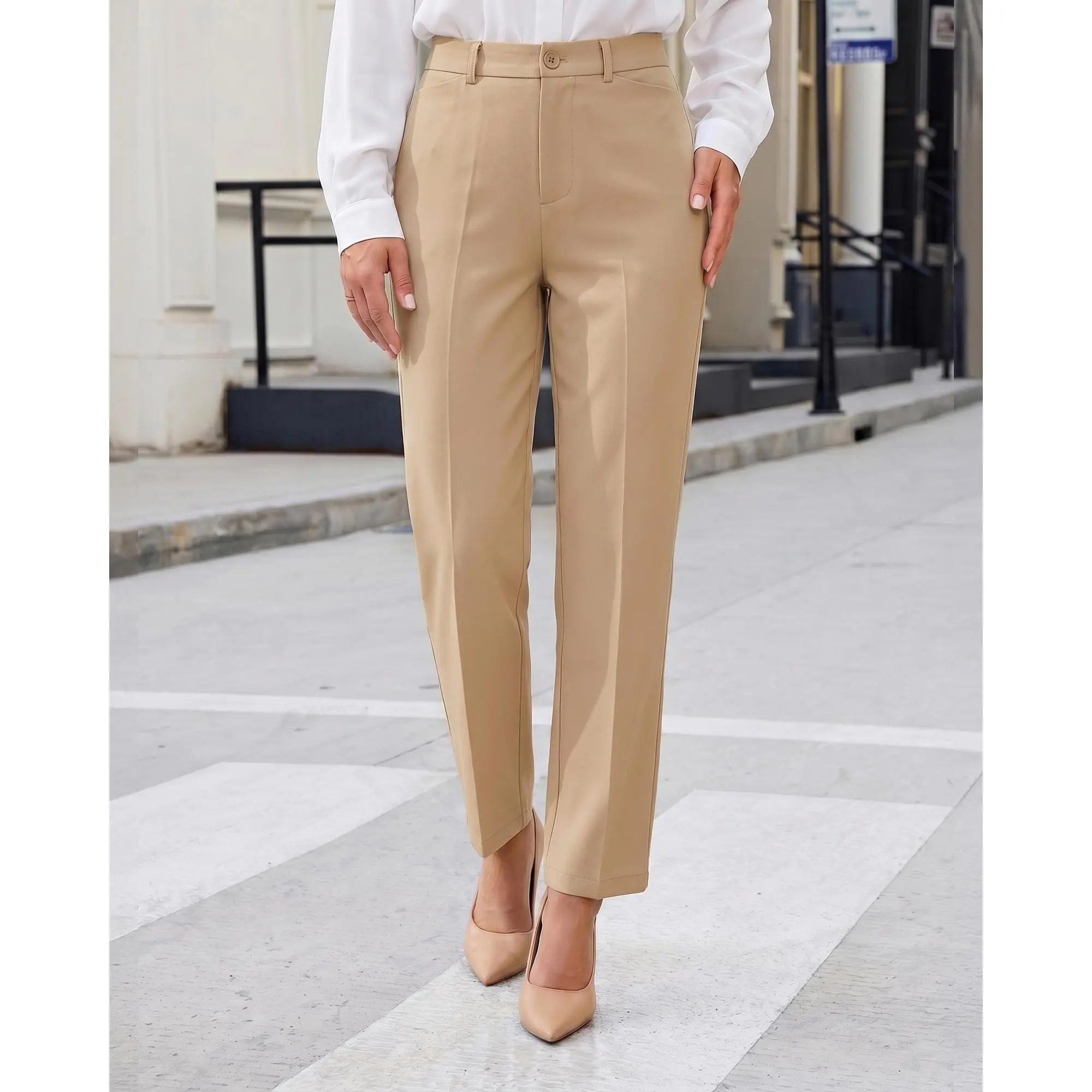 GRAPENT Women's Business Casual High Waist Ankle Pants - Elastic Waist, Solid Plain, 92% Polyester 8% Spandex, Medium Stretch, Basic Fit, Pockets, All Seasons Trousers, Corporate Office Wear, Casual High Rise Basics, Back to School Bottoms, Business Casua