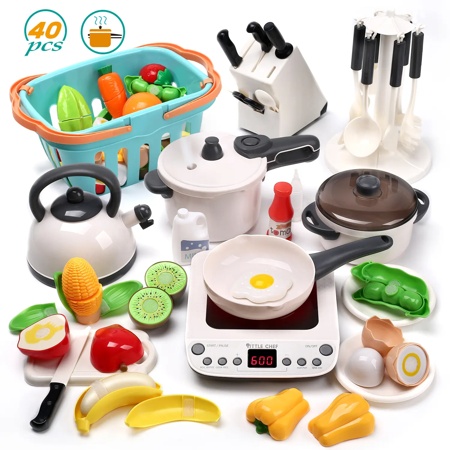 CUTE STONE Kids Kitchen Playset - BPA-Free Pretend Play Cooking Toy with Electronic Induction Cooktop, Steam Pot, 25+ Accessories (Cut & Peel Play Food, Cutlery Block, Shopping Basket) - Toddler Learning Toy for Birthdays