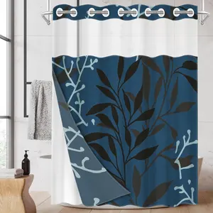 1pc hookless shower curtain with buckle lining, blue with brown leaf and white branch pattern, 2D printing, fabric waterproof lining, double-layer with see-through window, 71 x 74 inches, home curtain, Bathroom Accessory, Bathroom decoration accessories