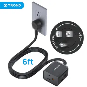 TROND 360° Swivel Flat Plug Extension Cord 15ft, Thin Small Power Strip, 3 Sides Grounded Outlets for Indoor Home Office Kitchen Travel Essentials, Black