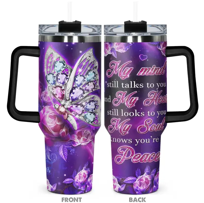 [Gift Box Included] 40oz, 20oz Diamond Butterfly Print Stainless Steel Tumbler with Handle and Straw Vacuum Insulated Travel Mug Fits Car Cup Holder Personalized Gift for Butterfly Lovers