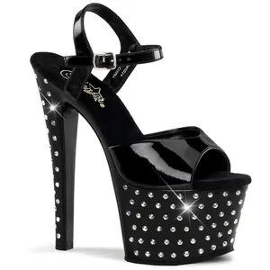 Women's Stylish Classy High Heel Sandals - 7-in Stardust-709 Black Patent Heeled Footwear (Platform Design)
