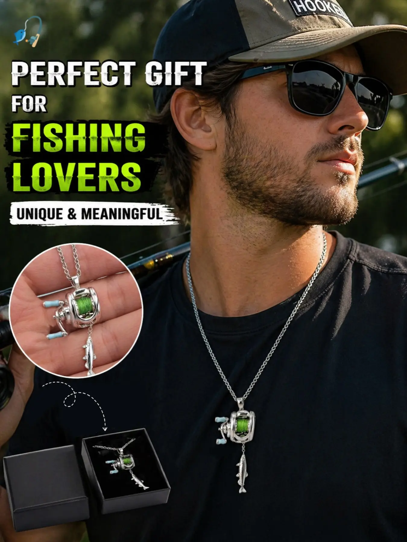Mini fishing line reel necklace, rotating handle and movable guide wire ring, portable spinning wheel pendant, suitable for fishing enthusiasts, Ideal gift for him during graduation season, Gift for Coachella music festival, Stainless Steel Necklaces