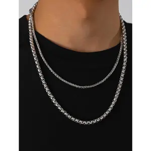 Punk Neutral Style Double-layer Stacked Keel Chain Square Pearl Chain Stainless Steel Men's Necklace Jewelry